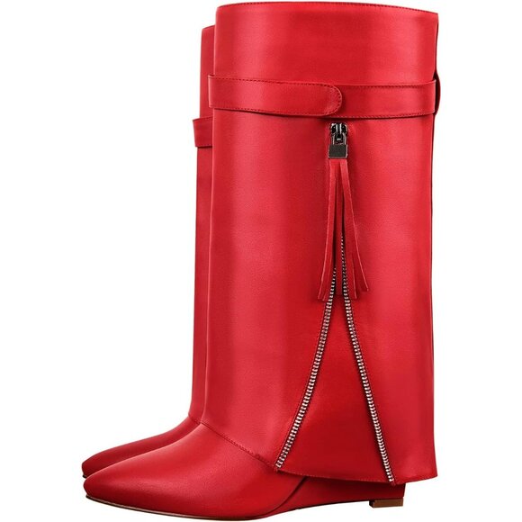 Women's Red Synthetic Knee High Fold over Wedge Heel Long Shark Pull on Boots - Picture 1 of 5